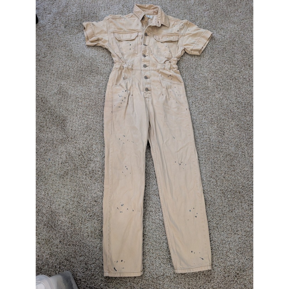 We The Free Free People Tan Paint Splatter Utility Denim Jumpsuit XS